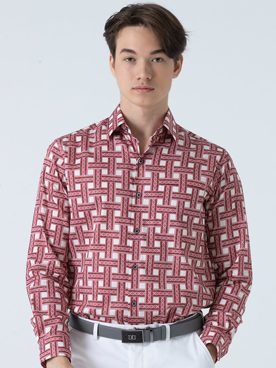 DAKS เสื้อเชิ้ต ผู้ชาย แขนยาว ลายเชค Smart Fit สีชมพู