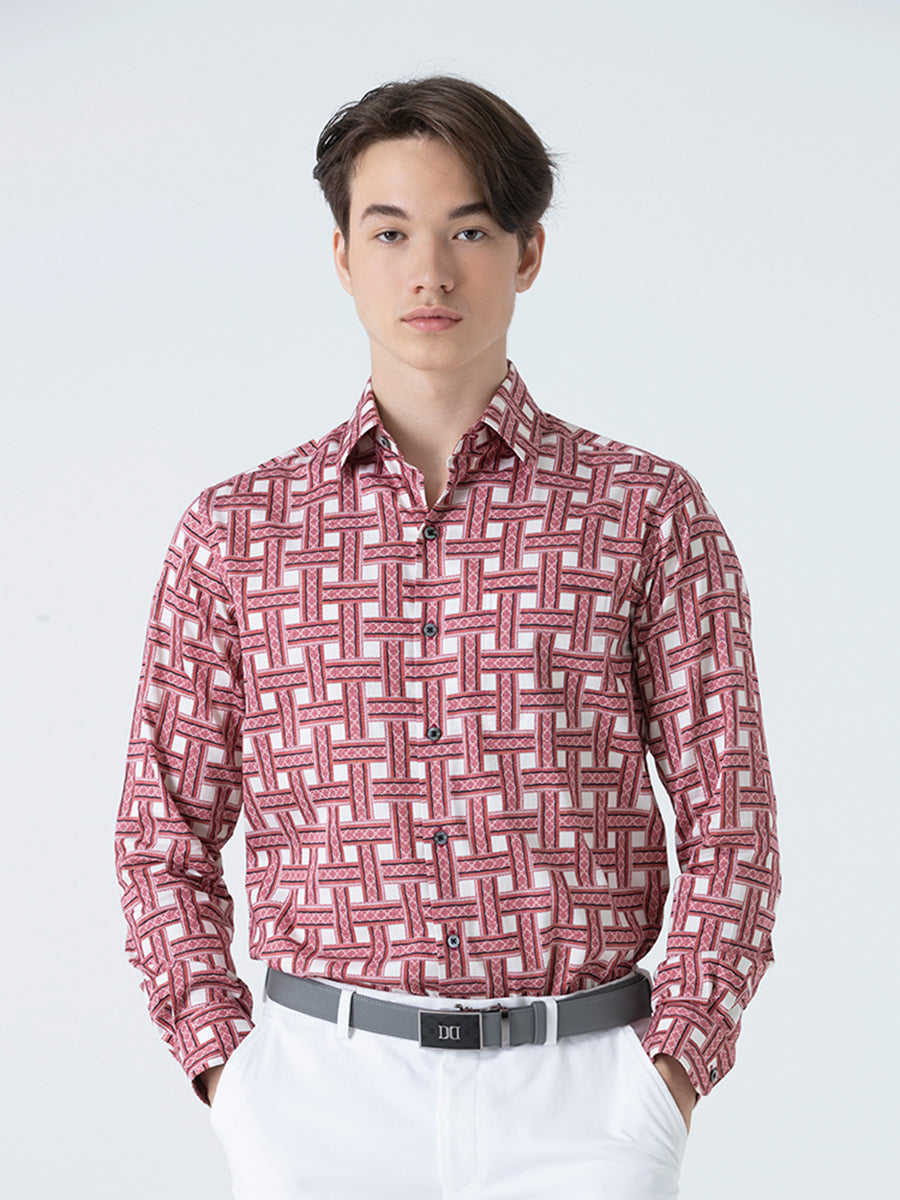 DAKS เสื้อเชิ้ต ผู้ชาย แขนยาว ลายเชค Smart Fit สีชมพู