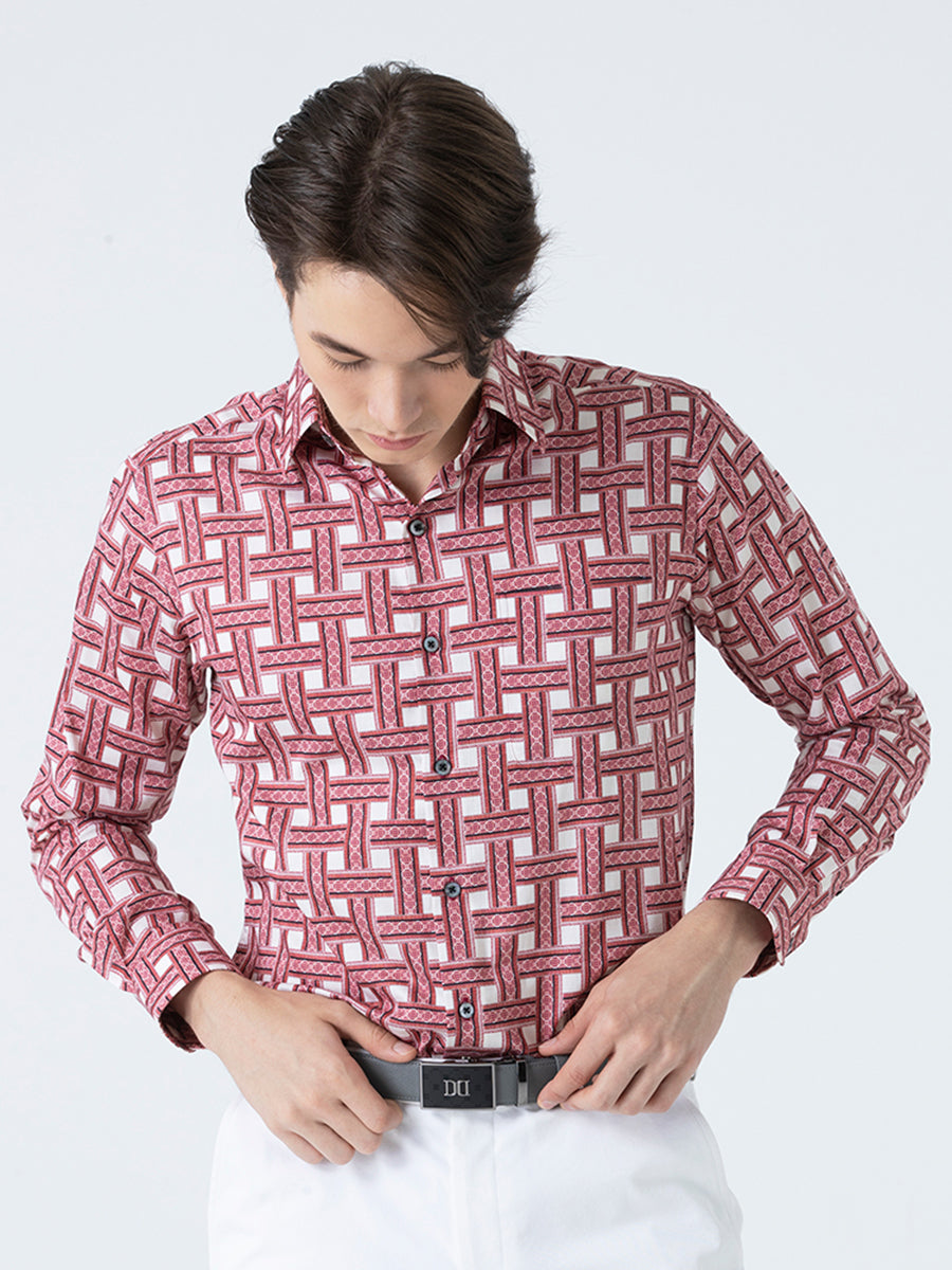 DAKS เสื้อเชิ้ต ผู้ชาย แขนยาว ลายเชค Smart Fit สีชมพู