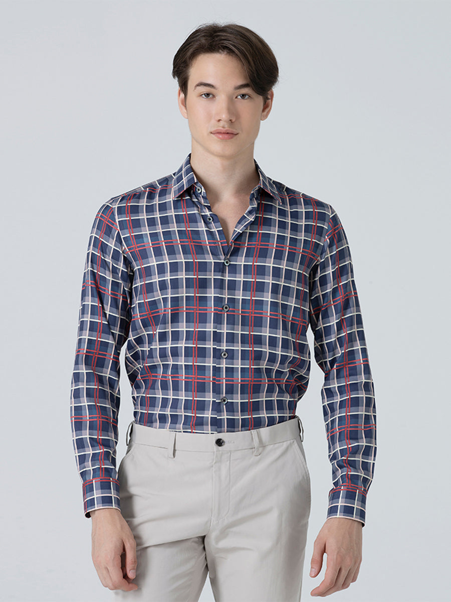 DAKS เสื้อเชิ้ต ผู้ชาย แขนยาว ลายเชค Regular Fit สีน้ำเงิน