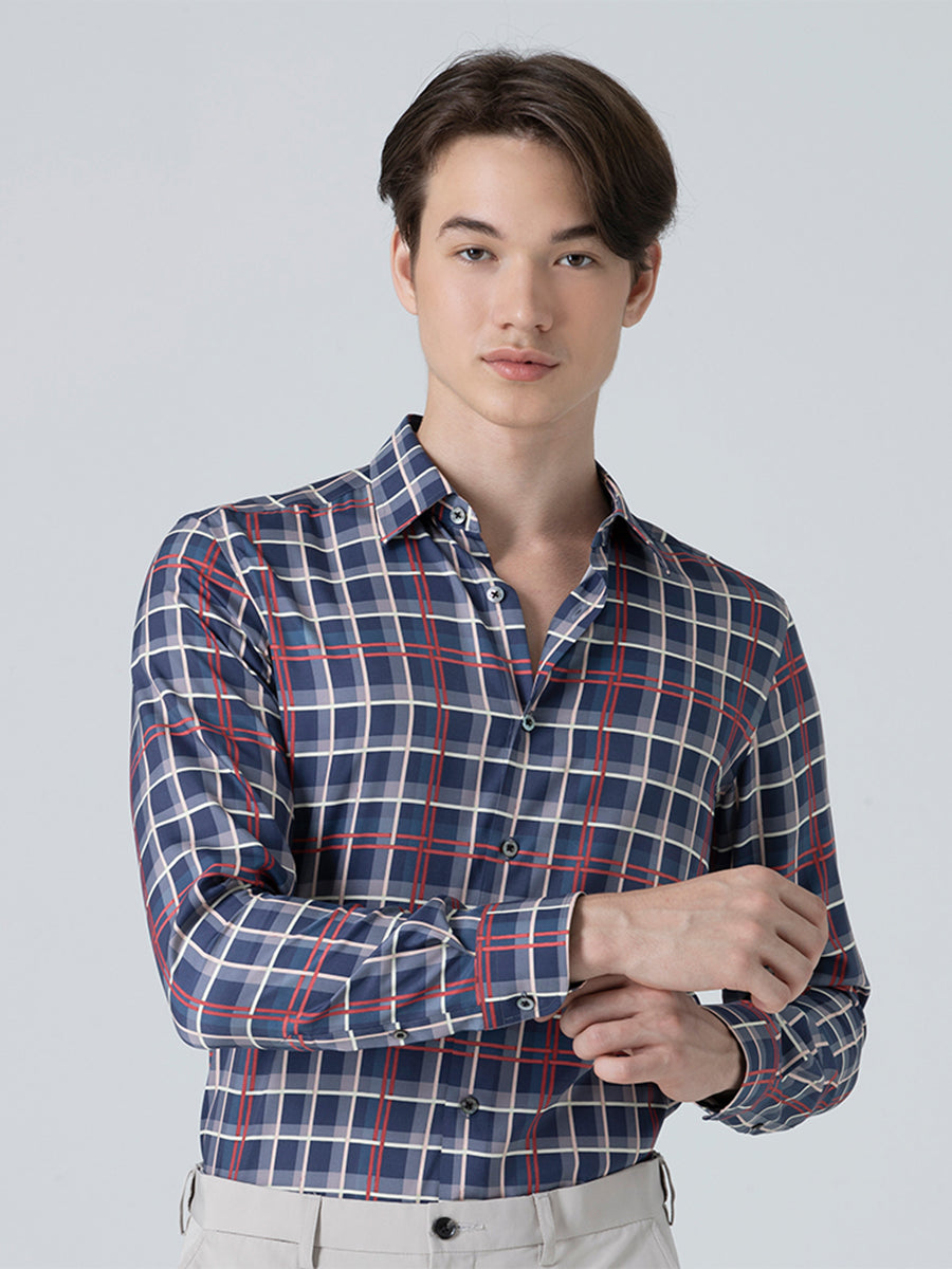 DAKS เสื้อเชิ้ต ผู้ชาย แขนยาว ลายเชค Regular Fit สีน้ำเงิน