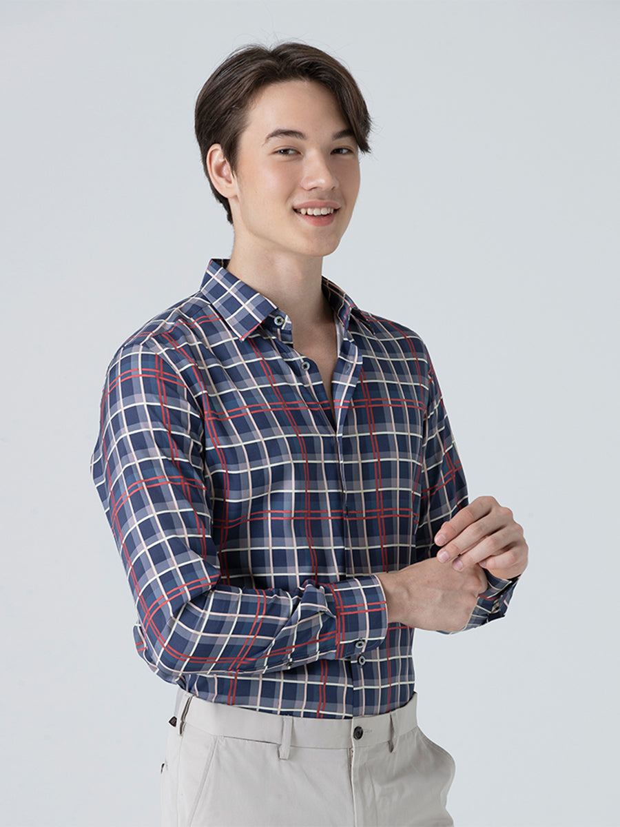 DAKS เสื้อเชิ้ต ผู้ชาย แขนยาว ลายเชค Regular Fit สีน้ำเงิน