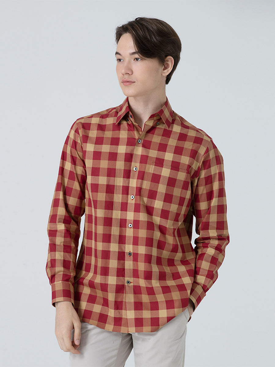 DAKS เสื้อเชิ้ต ผู้ชาย แขนยาว ลายเชค Regular Fit สีแดง