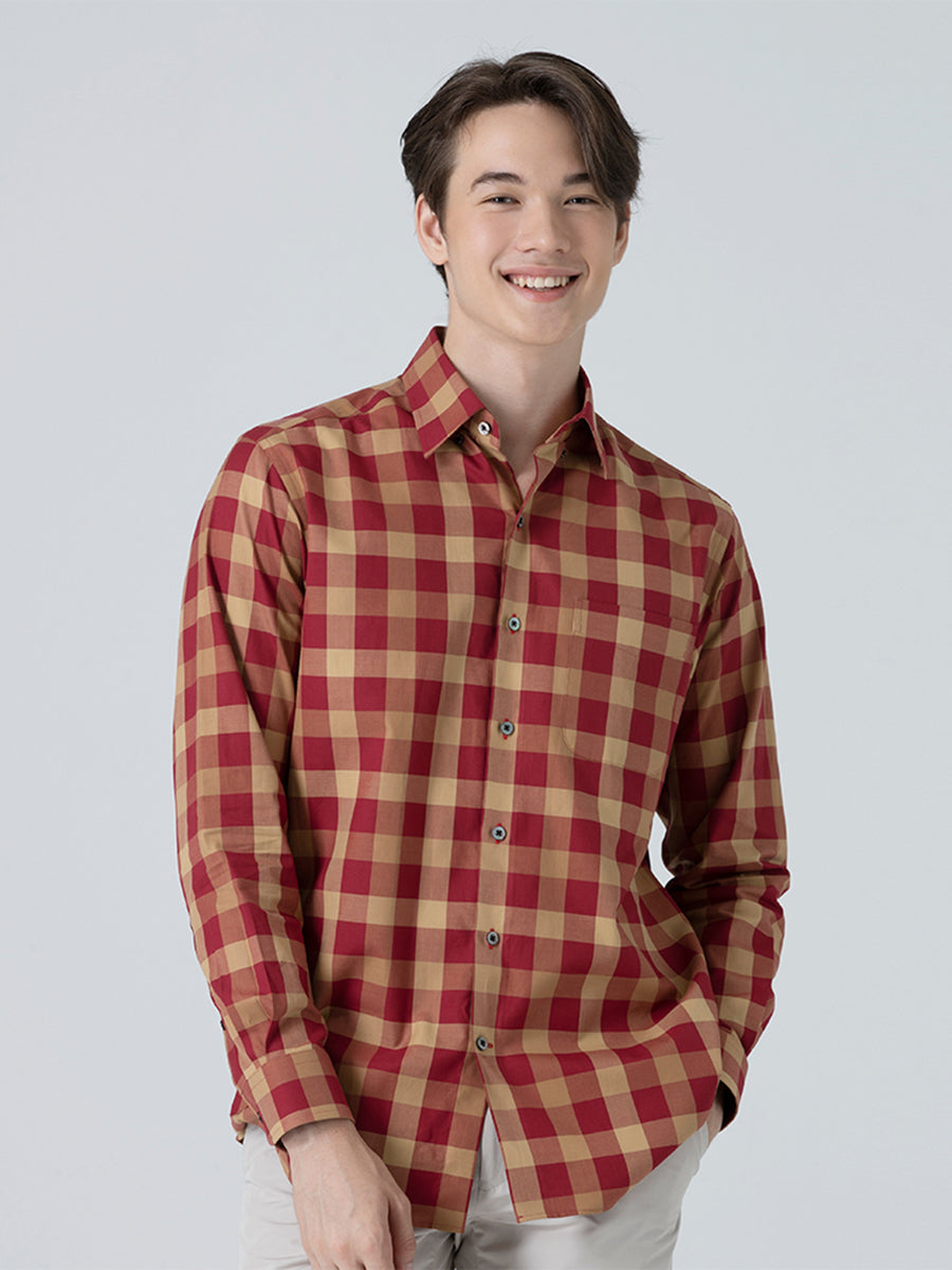 DAKS เสื้อเชิ้ต ผู้ชาย แขนยาว ลายเชค Regular Fit สีแดง