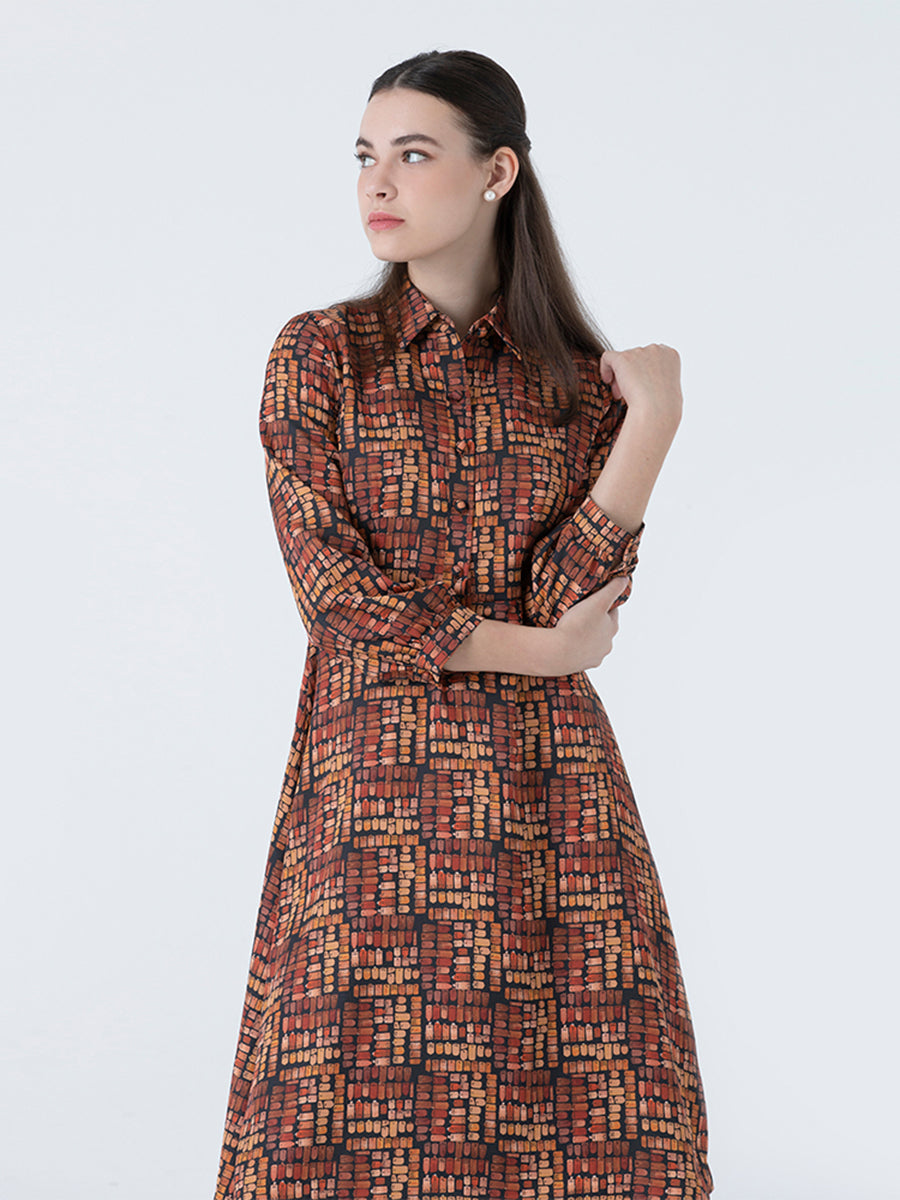 DAKS ชุดเดรส ผู้หญิง แขนยาว ทรง Regular Fit สีน้ำตาล