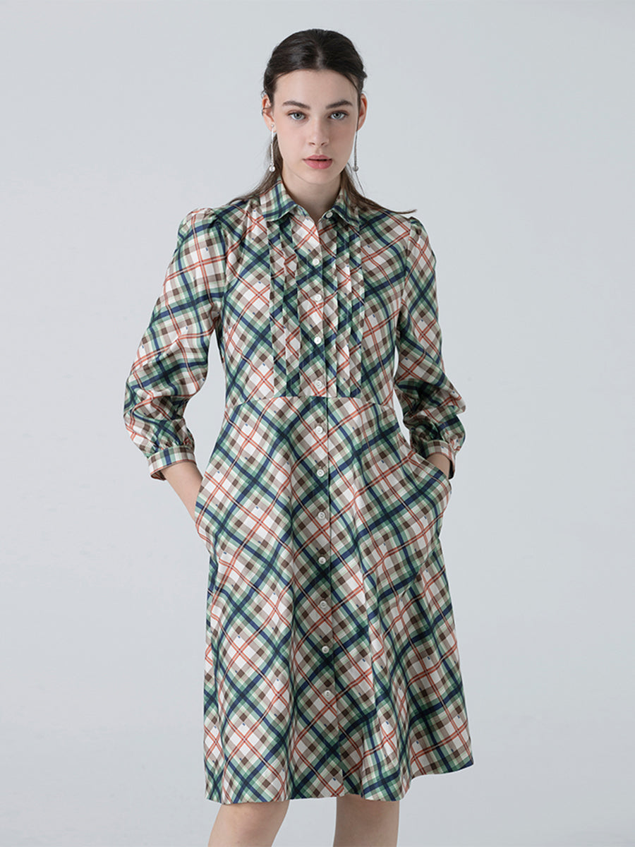 DAKS ชุดเดรส ผู้หญิง แขนยาว ทรง ลายเชค Regular Fit สีเขียว