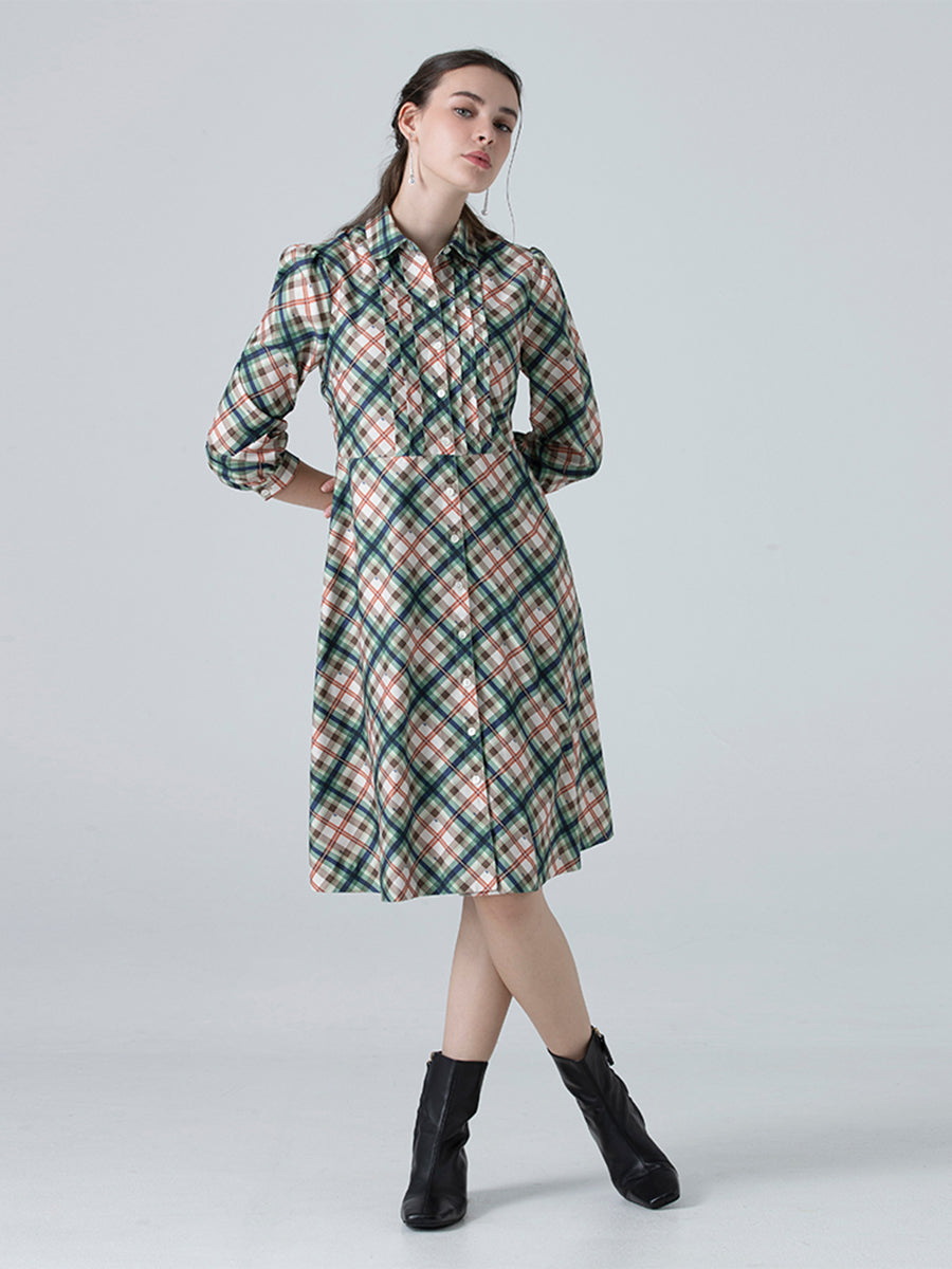 DAKS ชุดเดรส ผู้หญิง แขนยาว ทรง ลายเชค Regular Fit สีเขียว