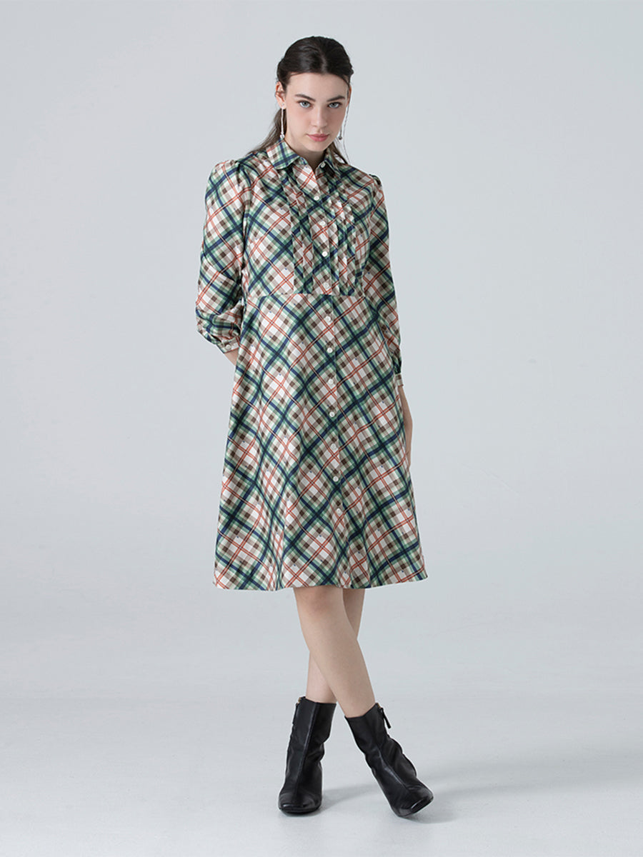 DAKS ชุดเดรส ผู้หญิง แขนยาว ทรง ลายเชค Regular Fit สีเขียว