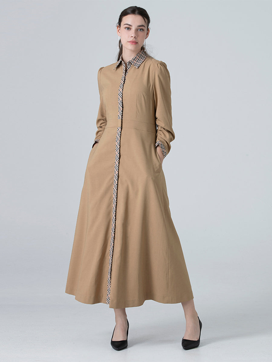 DAKS ชุดเดรส ผู้หญิง แขนยาว แต่งลายเชค ทรง Regular Fit สีน้ำตาล