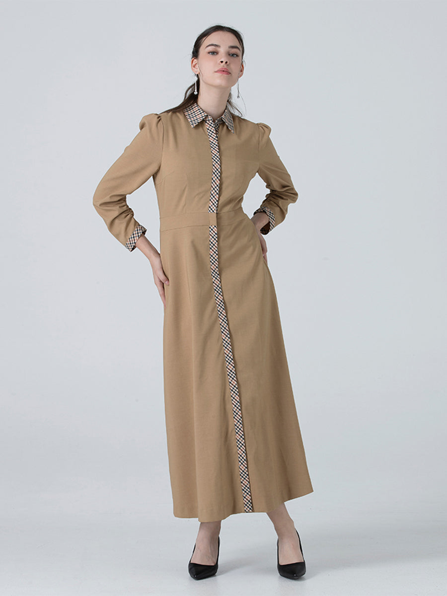 DAKS ชุดเดรส ผู้หญิง แขนยาว แต่งลายเชค ทรง Regular Fit สีน้ำตาล