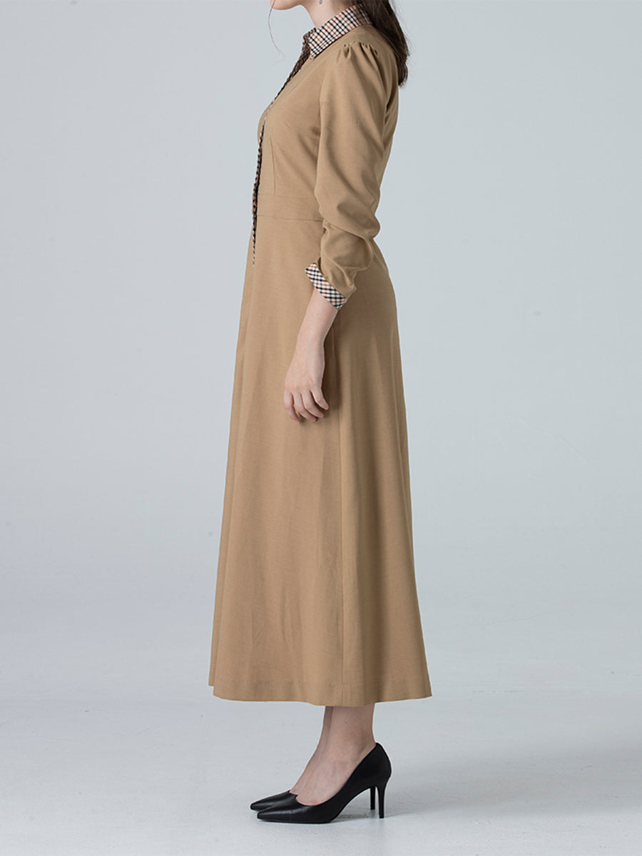 DAKS ชุดเดรส ผู้หญิง แขนยาว แต่งลายเชค ทรง Regular Fit สีน้ำตาล