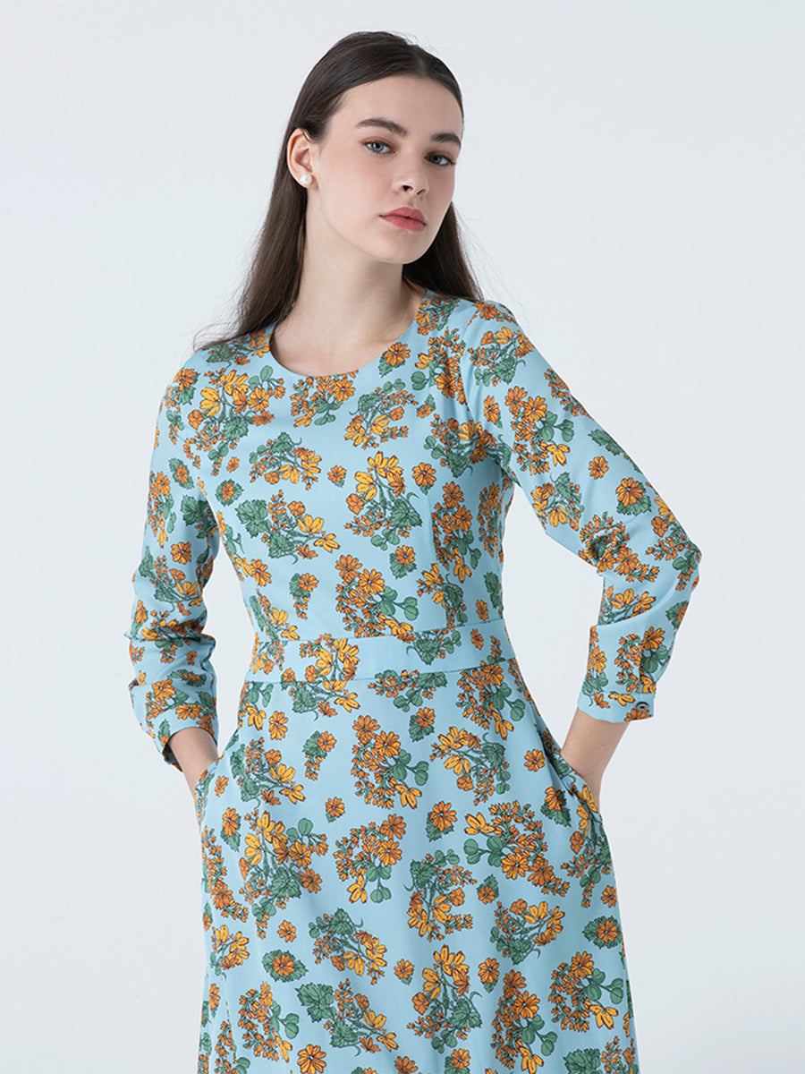 DAKS ชุดเดรส ผู้หญิง แขนยาว ทรง Regular Fit สีฟ้า