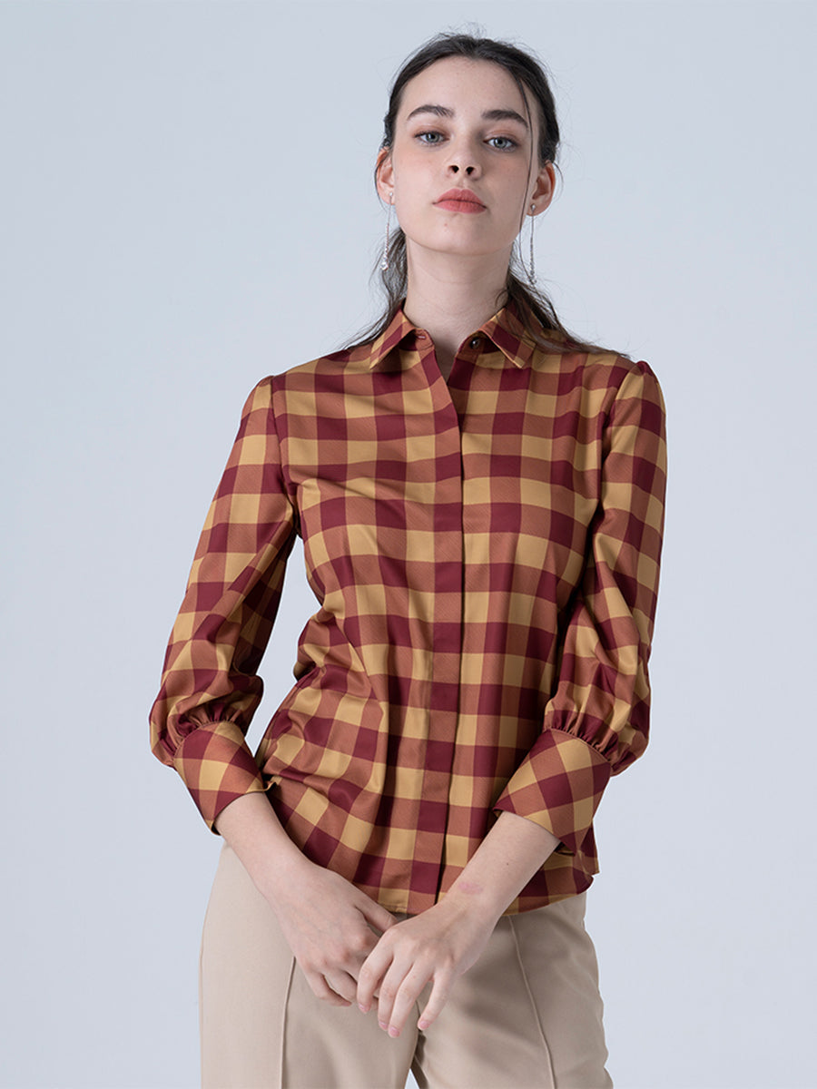 DAKS เสื้อเชิ้ต ผู้หญิง แขนยาว ลายเชค ทรง Regular Fit