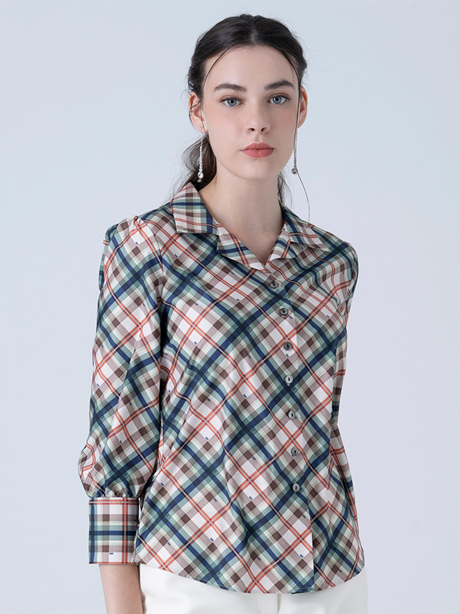 DAKS เสื้อเชิ้ต ผู้หญิง แขนยาว ลายเชค ทรง Regular Fit สีเขียว